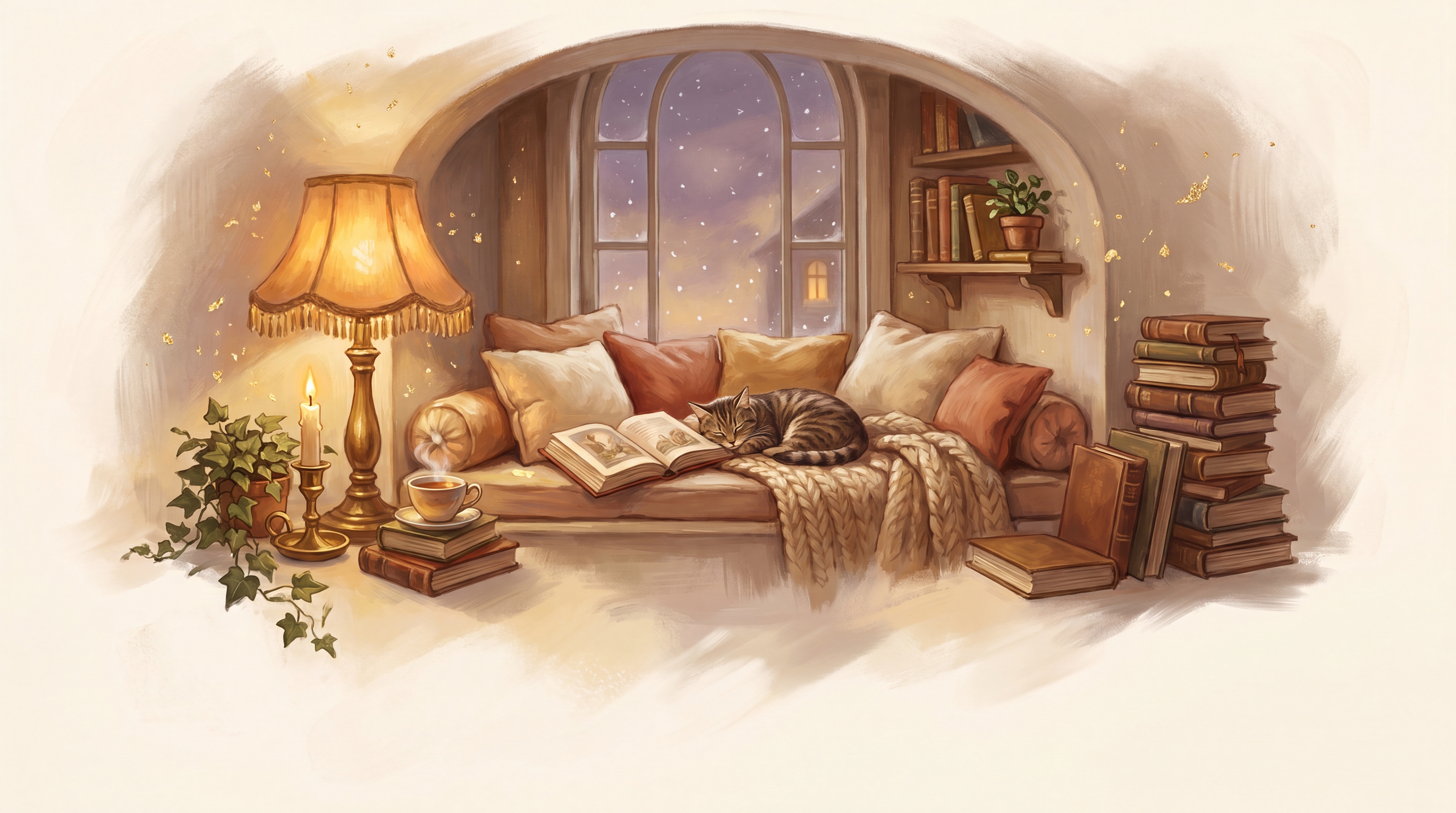 A cozy lamplit reading nook